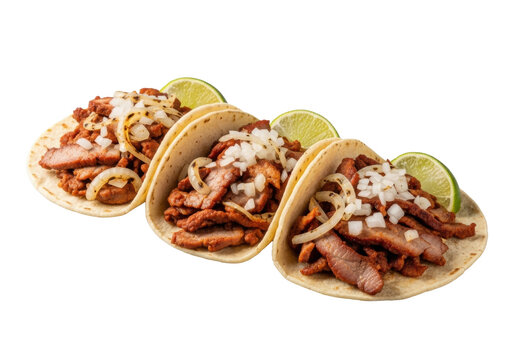 Three ultra-realistic Tacos &Aacute;rabes with adobada pork, grilled onions, pan &aacute;rabe, and lime, on a clean transparent background with bright studio lighting, commercial food concept