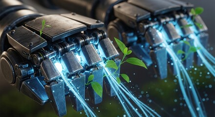 Artificial intelligence robotic hands nurturing green plant sprouts with glowing energy representing future technology and sustainability