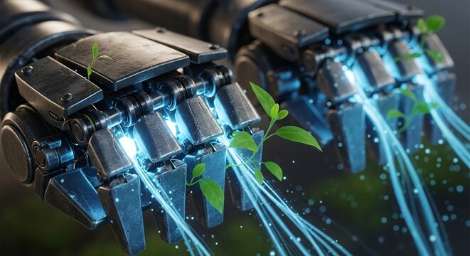 Artificial intelligence robotic hands nurturing green plant sprouts with glowing energy representing future technology and sustainability