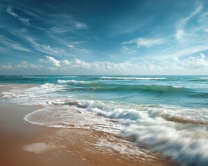 Tranquil beach with soothing ocean waves.