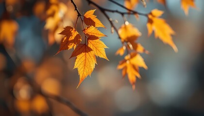 Golden autumn leaves glowing with sunlight, creating a sense of peace and seasonal beauty in a woodland environment