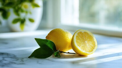 Two lemons with green leaves, one whole and the other cut in half, placed on a white marble countertop, with bright light from a window behind and a white background, showcasing fresh citrus fruits.