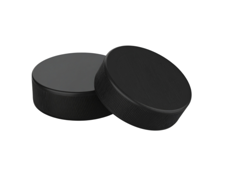 Two Black Ice Hockey Pucks Side by Side with Glossy Surface, Isolated Transparent Background PNG 
