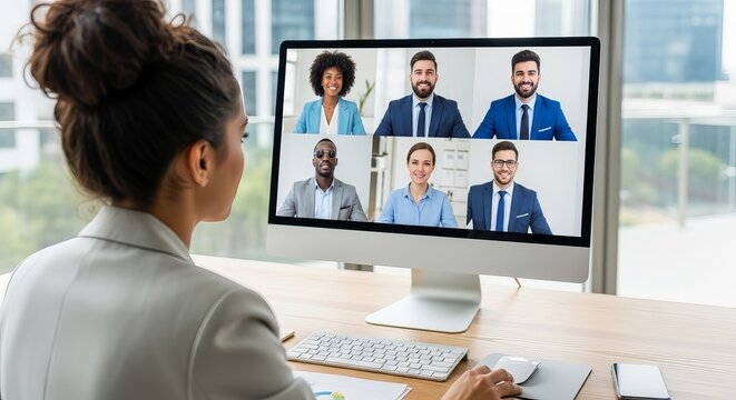 Woman working from home participates in virtual team meeting on a desktop computer.