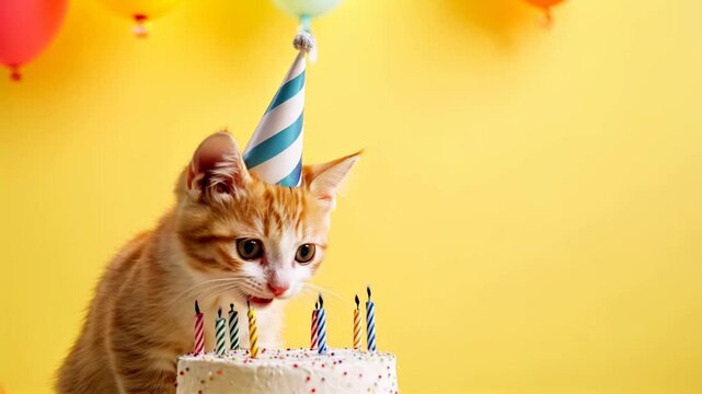 Greeting card with a red kitten in a birthday hat sitting in front of a cake with candles burning and then going out - Powered by Adobe