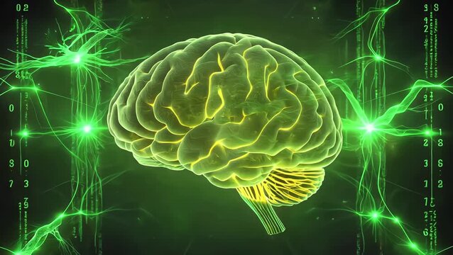 ai brain animation with a glowing yellow neural network on a green data background