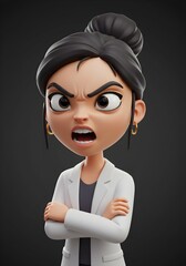 An angry digital 3d cartoon woman with exasperated expression yelling. Concept of frustration or complaint. Character design for comic book.