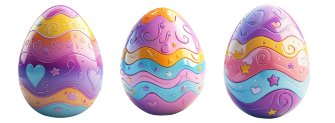Vibrant Easter egg with embossed patterns of waves, stars, and hearts in pastel colors isolated on white transparent background. Festive holiday decoration concept