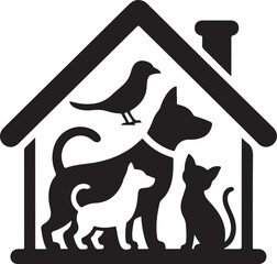 Vector Pet Shelter Sign: House Icon Symbol, Dogs, Cats, Bird Silhouette, world animal day Simple Design