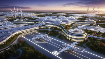 A futuristic airport with sustainable architecture, solar panels, and wind turbines, showcasing a vision of eco-friendly air travel and innovative urban planning.