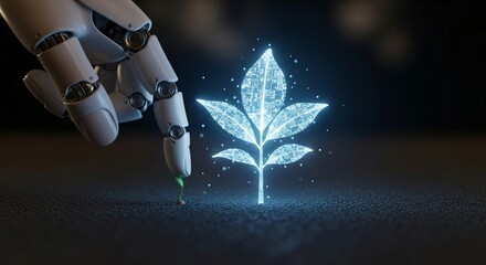Robot hand touching a small green sprout and a glowing digital plant symbolizing future technology and ecological progress.
