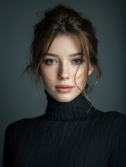 Studio portrait of a slavic woman, close-up, wearing a black turtle neck, grey background
