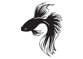 Black Silhouette of Betta Fish with Decorative Fins in Flowing Motion Vector Style.
