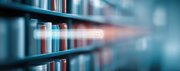 Blurred view of bookshelves with colorful books and a glowing search bar overlay, representing digital library or search concept
