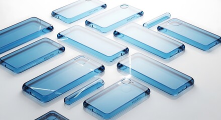 Collection of transparent blue phone cases isolated on white background