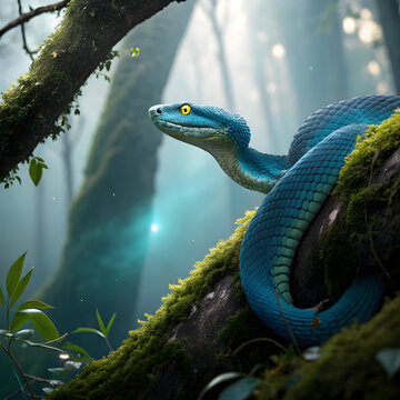 a majestic blue snake coiled on a tree