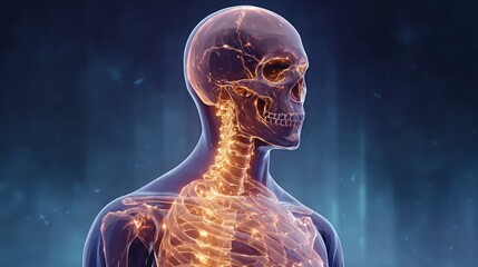 Translucent human skeleton with glowing orange nervous system detail against dark blue background
