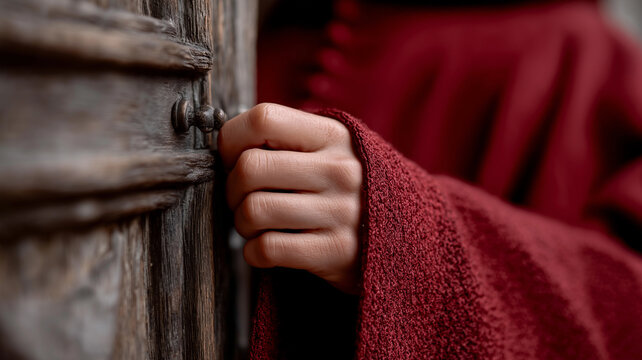 Catholic conclave symbolism with cardinal&rsquo;s hand on antique carved wooden door, soft golden light streaming from holy chamber, evoking sacred mystery, heritage, and centuries of ecclesiastical traditi
