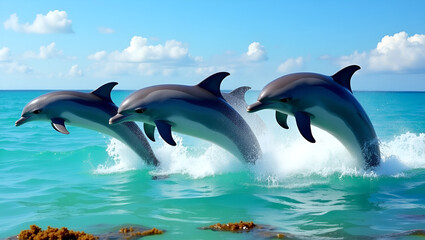 Playful group of dolphins jumping out of the ocean waves in unison