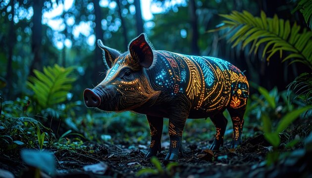 Decorated pig in lush jungle with artistic concept, and nature.