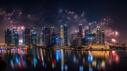 Fireworks Spectacle Over Modern City Skyline at Night