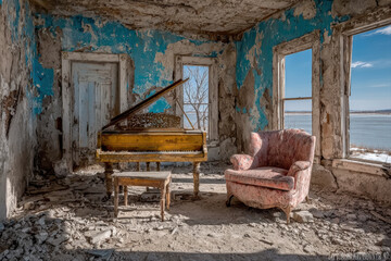 Sunlight streams through cracked windows of abandoned farmhouse with broken piano inside