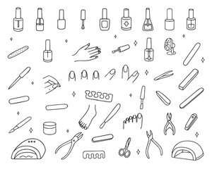 Manicure set. Nail polishes, files, scissors, tweezers, beautiful hand skin care and polish. Vector fashion style. Vector illustration.