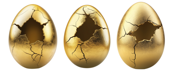 Cracked golden egg with hollow center isolated on white transparent background. The broken shell symbolizes wealth, fragility, and opportunity