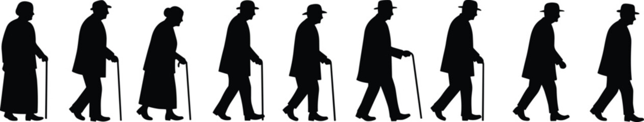 A row of black silhouettes on a white background, depicting several male and female figures walking and carrying multiple shopping bags, symbolizing shopping, consumerism, retail, and urban lifestyle.