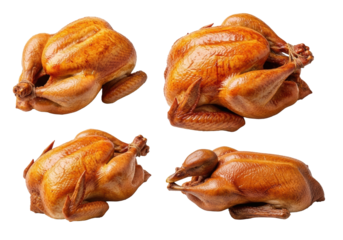 Perfectly roasted golden-brown chicken, large turkey, and succulent duck, crispy skin, on a transparent background with bright studio lighting. Concept for food advertising