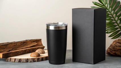 Black insulated tumbler with gift box and natural elements