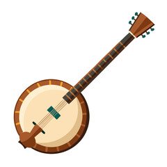 a banjo with a circular wooden body and long neck, no background vector file.