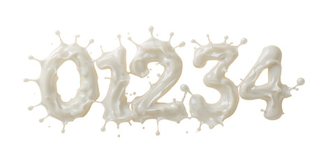 Dynamic milky numerals zero through four splashing on an isolated transparent space, innovative