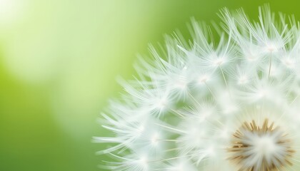 Delicate dandelion seed head against a soft green background, showcasing intricate details and natural beauty in a bright and airy atmosphere