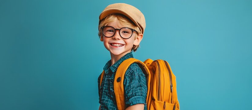 Happy boy with his backpack on a plain background. Back school concept