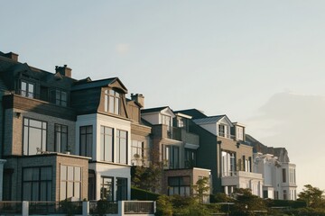 Luxury townhouses in traditional European style on island with trees and grass, sunny day, ultra-realistic cinematic render with ARRIFLEX lenses