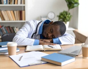 Fototapeta premium Young medical student fall asleep exhaustedly across university hospital library table surrounded by medical textbooks and notes, empty coffee cups.
