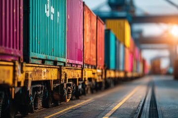 Fototapeta premium Aerial view of colorful freight containers arranged in a shipping yard in morning light