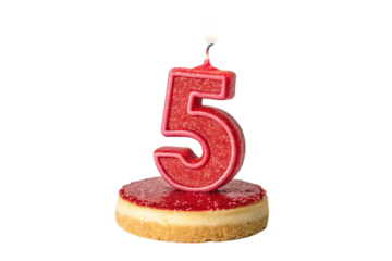 Red number five birthday candle on cheesecake isolated on transparent background