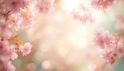 Soft pink cherry blossoms frame a dreamlike ethereal background with gentle light filtering through the petals