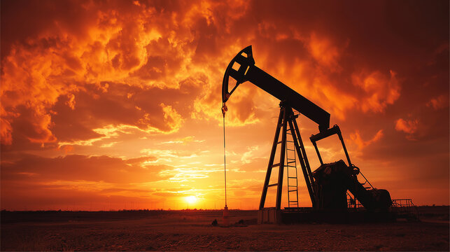 Industrial Oil Rig Against Fiery Horizon - Powered by Adobe
