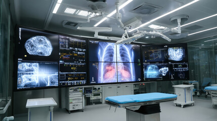 Fototapeta premium A modern surgical room with a large wall of screens displaying various medical data, including X-rays of lungs and brains. A surgical bed is in the center of the room, with surgical lamps