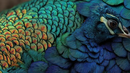Iridescent Plumage, Detailed View of a Peacock's Vivid Feathers Display