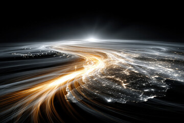 Digital blockchain transaction wall with vibrant light trails showing global money flows