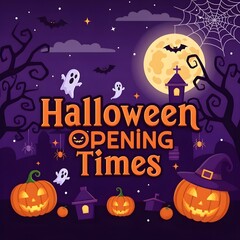 Halloween Opening Times | Fun and Whimsical Halloween Illustration with Jack-o’-Lanterns, Ghosts, Bats, Spider Webs, and Glowing Full Moon