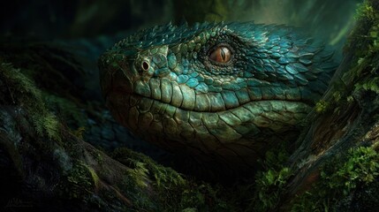 Obraz premium Detailed close-up of a large, green-blue snake amidst mossy branches in dim lighting
