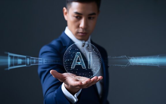 Asian man holding glowing artificial intelligence sphere businessman suit - Powered by Adobe