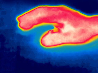Hand gestures captured on thermal imager device. Warm hands of an ordinary person. A patronizing gesture