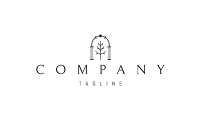 A vector logo featuring an abstract image a tree standing at the center of an arch, symbolizing growth, shelter, and harmony with nature.