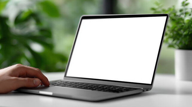Technology presentation mockup featuring close-up of modern laptop with white display screen on white table, man&rsquo;s hand visible for interaction in sleek minimal interior background

